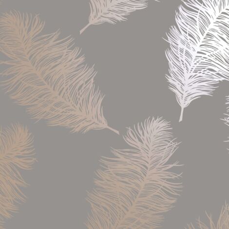 Holden Decor Grey Rose Gold Metallic Shimmer Feather Wallpaper 12629