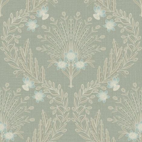 Grandeco Flora Sage Green Blue Wallpaper Flowers Nature Modern Textured ...