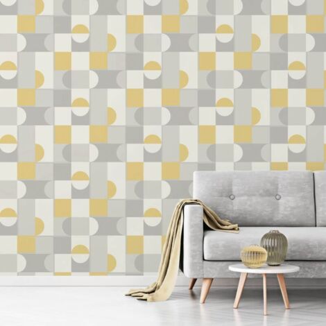 Fine Decor Geometric Mustard Grey Silver Metallic Shimmer Retro Wallpaper