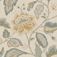 Belgravia Maya Trail Blue Yellow Wallpaper Floral Leaves Luxury Textured Vinyl