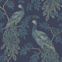 Peacock Bird Wallpaper Metallic Tree Animal Print Blue Paste Wall Vinyl Arthouse
