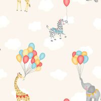 Animal Balloons Wallpaper Holden Kids Cream Giraffe Elephant Animals Clouds
