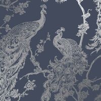 Glistening Peacock Navy Blue Wallpaper Metallic Silver Holden Decor Bird Trees Feather