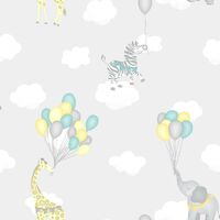 Animal Balloons Wallpaper Holden Kids Grey Giraffe Elephant Animals Clouds