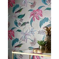 Rasch Metallized Tropique Hummingbird Gold Pink Blue Metallic Wallpaper