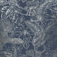 Sumatran Jungle Themed Wallpaper Glittery Finish Textured Wallcovering Navy