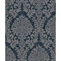 Navy And Silver Damask Wallpaper Traditional Heavy Duty Textured Vinyl