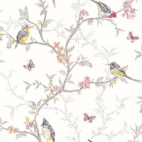 Floral Butterfly Wallpaper White Colourful Multi Color Birds Trees Holden Decor
