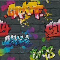 Graffiti Paint Splash Brick Effect Wallpaper Textured Typography Dark Grey Multi