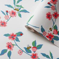 Cath Kidston Floral Flower White Pink Green Luxury Wallpaper Bee Animal Nature