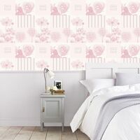 Floral Rose Wallpaper Panel Motto Stripes Pink Metallic Effect White Crown