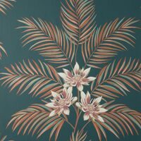 Fine Decor Bali Floral Leaves Navy Orange Wallpaper Botanical Flowers Modern