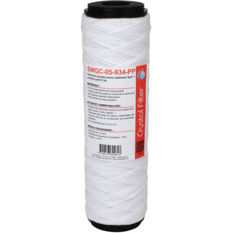 Cartouche filtrante double action 5µm – Charbon actif pour filtration optimale – Compatible filtres Laugil® – Longueur 250mm – Crystal Filter - SWGC-05-934-PP