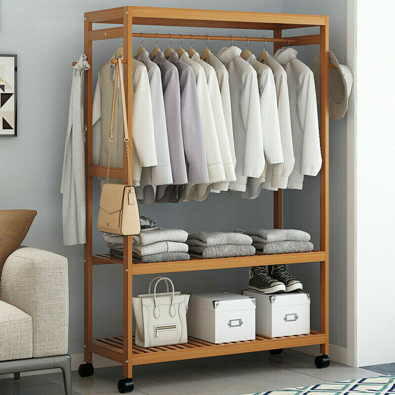 Natural Wood Bamboo Trapezoid Storage Shelves Clothes Hanging Rack