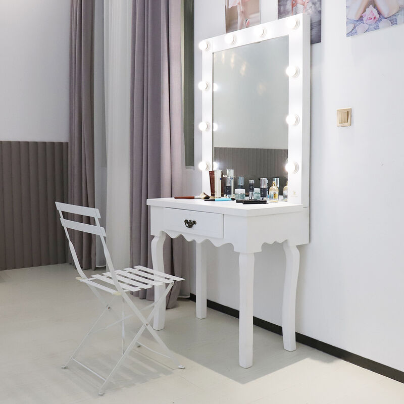 White Makeup Vanity with 10 Light Bulbs Modern Vanity Table with Mirror  &Outlets
