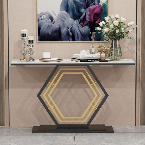 Console Table, Heavy Duty Marble Table, Modern Sofa Entryway Table, Metal Frame Hexagon Base, White Grey