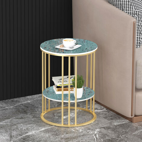 2 Tier Marble Simple Coffee Table Modern Round Sofa Side End Table Living Room, Emerald Green
