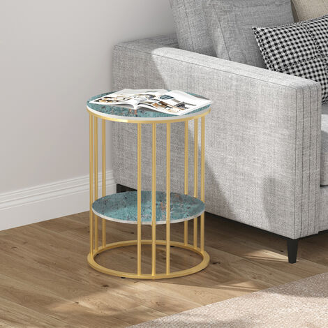 2 Tier Marble Simple Coffee Table Modern Round Sofa Side End Table Living Room, Emerald Green