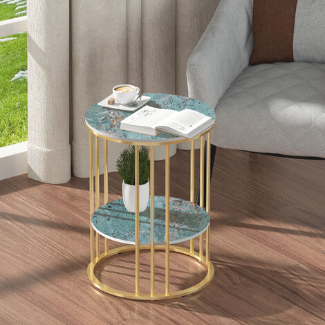 2 Tier Marble Simple Coffee Table Modern Round Sofa Side End Table Living Room, Emerald Green