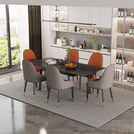 71 Inch Modern Marble Dining Table - Sintered Stone With Black Metal Legs For 6-8 People