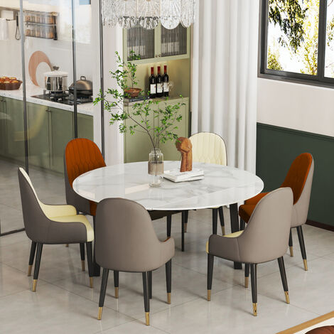 52" Round Slate Extendable Dining Table Retractable Leaf Restaurant Table, Grey white