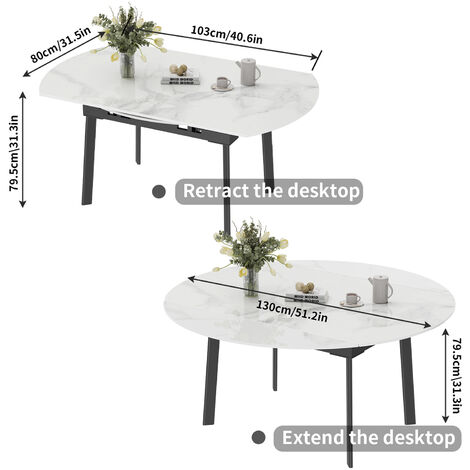 52" Round Slate Extendable Dining Table Retractable Leaf Restaurant Table, Grey white