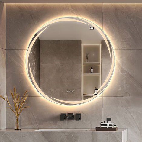 Modern Round LED Bathroom Mirror Illuminate Flame Brightness Adjustment Anti Fog, 600MM