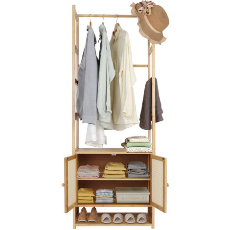 Tall Slim Storage Cabinet with Shutter Door, Freestanding Garment Rack for Living Room, Bathroom Organizer, Natural Bamboo