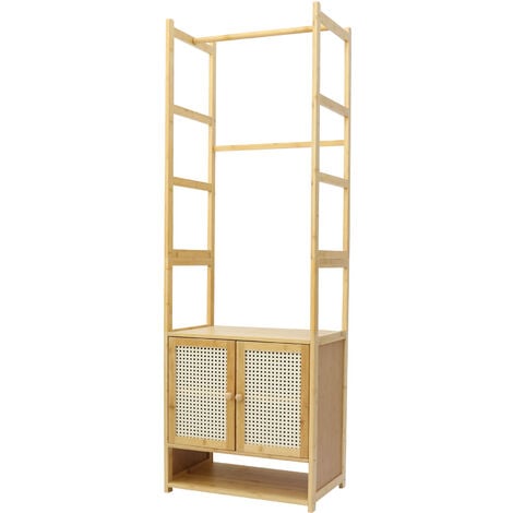 Tall Slim Storage Cabinet with Shutter Door, Freestanding Garment Rack for Living Room, Bathroom Organizer, Natural Bamboo