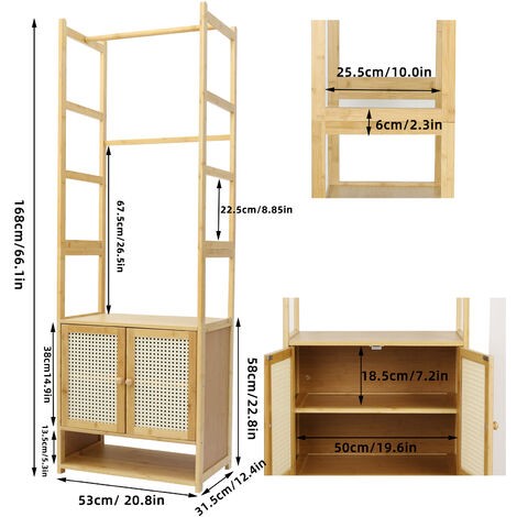 Tall Slim Storage Cabinet with Shutter Door, Freestanding Garment Rack for Living Room, Bathroom Organizer, Natural Bamboo