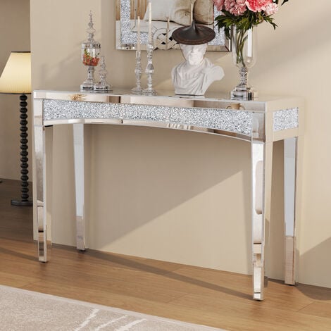 Mirrored Desk Silver Console Table Mirror Sofa Table with Crystal Inlay for Living Room Entryway Foyer 48 Inch