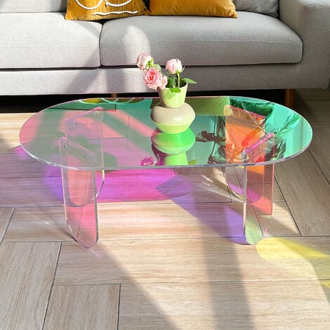 Clear Acrylic Coffee Table, Oval Iridescent Side End Table Rainbow Colors Home Living Room
