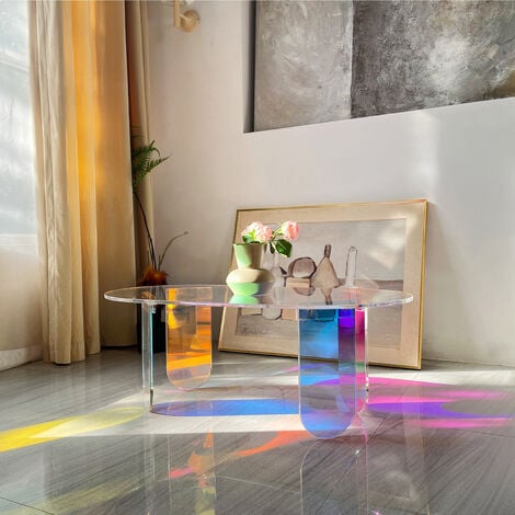 Clear Acrylic Coffee Table, Oval Iridescent Side End Table Rainbow Colors Home Living Room