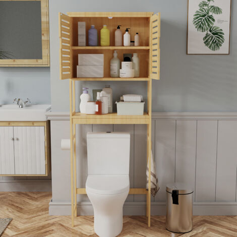 Bamboo Over-The-Toilet Storage Cabinet Bathroom Organizer with Shelf and Cupboard