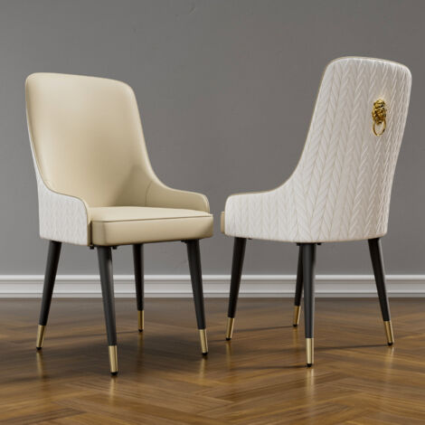 Set of 2 Modern Luxury Microfiber Leather Dining Chairs With Lion Head Knocker, Khaki Creamy White