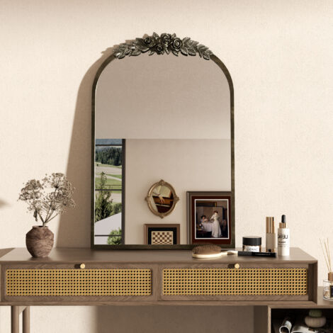 Antique Wall Mirror, Vintage Baroque Arched Brass Mirror Metal Frame Decorative - 60.5cm x 91.6cm