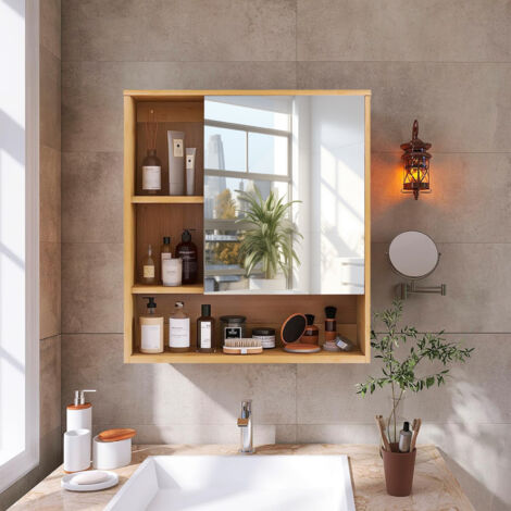 1 Door Bathroom Cabinet With Shelf Mirrored Wall Mounted Bamboo Cabinet