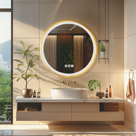 Gold Aluminium Alloy Frame Illuminated LED Bathroom Mirror Living Room Wall Mirror, Round 800mm