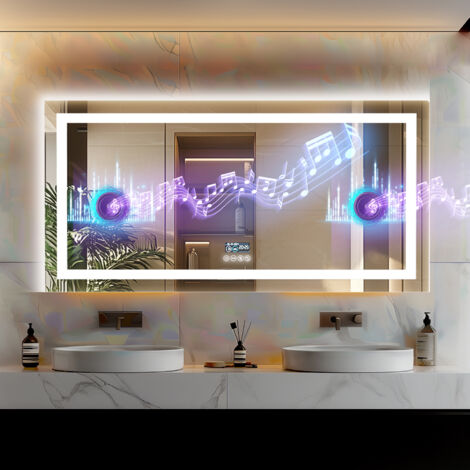Smart LED Illuminated Fog-free Large Bathroom Mirror with Bluetooth Speakers, Time and Date Digital Display - Rectangular 1400mm x 700mm