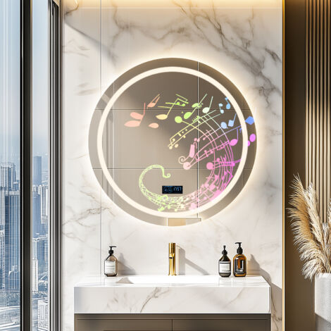 Smart LED Illuminated Fog-free Large Bathroom Mirror with Bluetooth Speakers, Time and Date Digital Display - Round 800mm