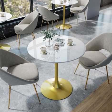 Round Dining Table Marble Modern Tulip Table Slate Tabletop with Golden Pedestal Base, Bistro Kitchen Dining Room, Glossy White