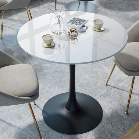 Round Dining Table Marble Modern Tulip Table Slate Tabletop with Metal Black Pedestal Base, Bistro Kitchen Dining Room, Glossy White