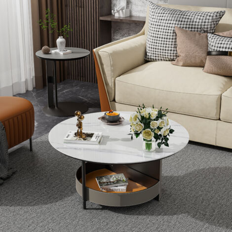 UNHO White Sintered Stone Round Coffee Table Microfiber Saddle Leather Covered