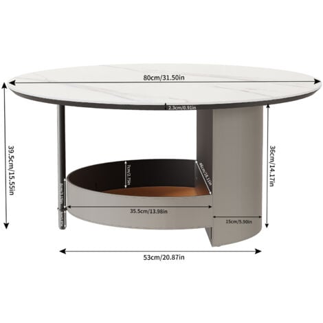 UNHO White Sintered Stone Round Coffee Table Microfiber Saddle Leather Covered