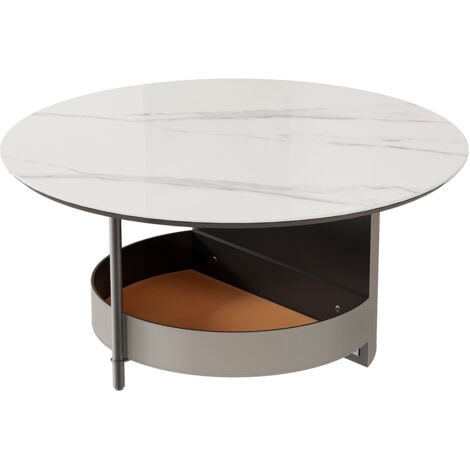 UNHO White Sintered Stone Round Coffee Table Microfiber Saddle Leather Covered