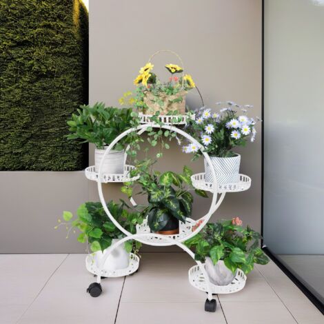 6 Potted Metal Plant Cart Stand With Moving Wheels Flower Pots Rack Holder for Patio Porch, White