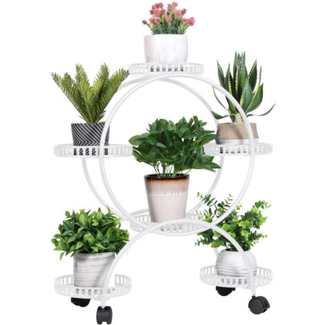 6 Potted Metal Plant Cart Stand With Moving Wheels Flower Pots Rack Holder for Patio Porch, White