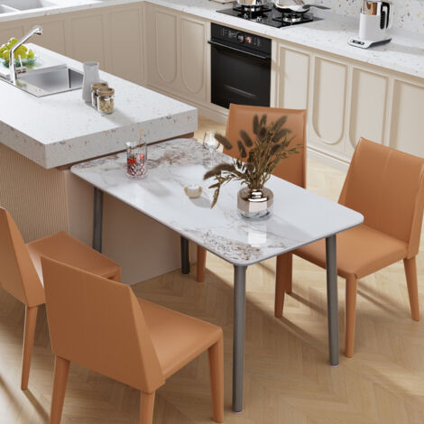 Minimalist Dining Table with Rectangular Sintered Stone and Tempered Glass Tabletop, Big Robust Aluminum Legs - 160x80cm