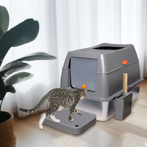 BingoPaw XL Stainless Steel Cat Litter Box Enclosed Cat Toilet with Poop Scooper Footboard
