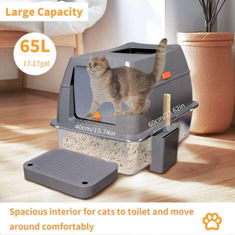 BingoPaw XL Stainless Steel Cat Litter Box Enclosed Cat Toilet with Poop Scooper Footboard